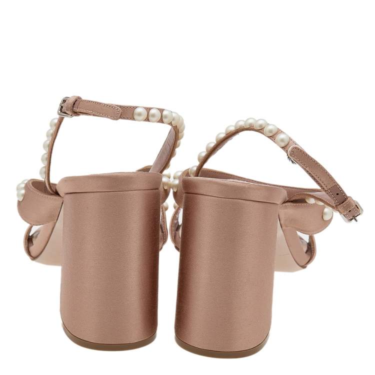 Pre Owned Miu Miu Beige Satin Pearl Embellished Ankle Strap Sandals Size 42