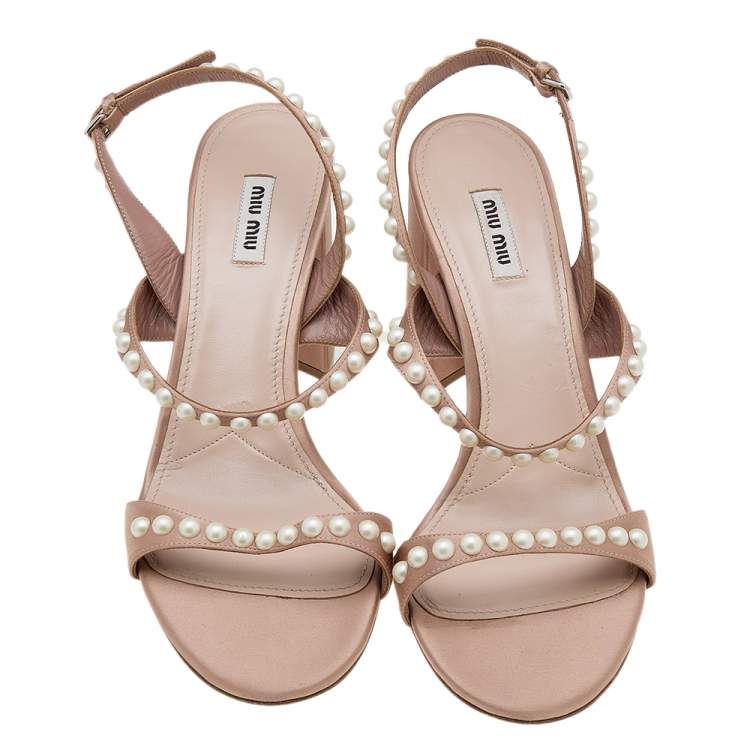 Pre Owned Miu Miu Beige Satin Pearl Embellished Ankle Strap Sandals Size 42