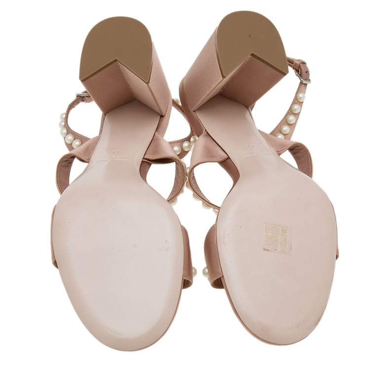 Pre Owned Miu Miu Beige Satin Pearl Embellished Ankle Strap Sandals Size 42
