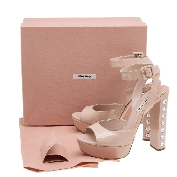 Pre Owned Miu Miu Beige Patent Leather Embellished Heel Ankle Strap Platform Sandals Size 39.5