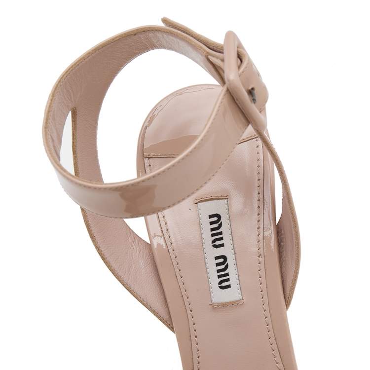 Pre Owned Miu Miu Beige Patent Leather Embellished Heel Ankle Strap Platform Sandals Size 39.5