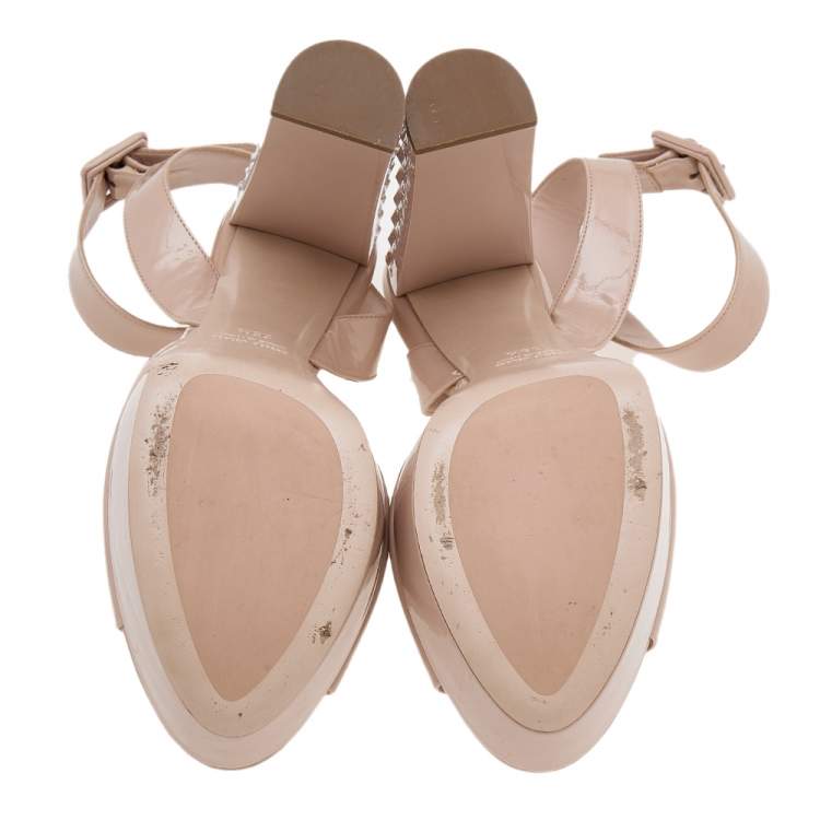 Pre Owned Miu Miu Beige Patent Leather Embellished Heel Ankle Strap Platform Sandals Size 39.5
