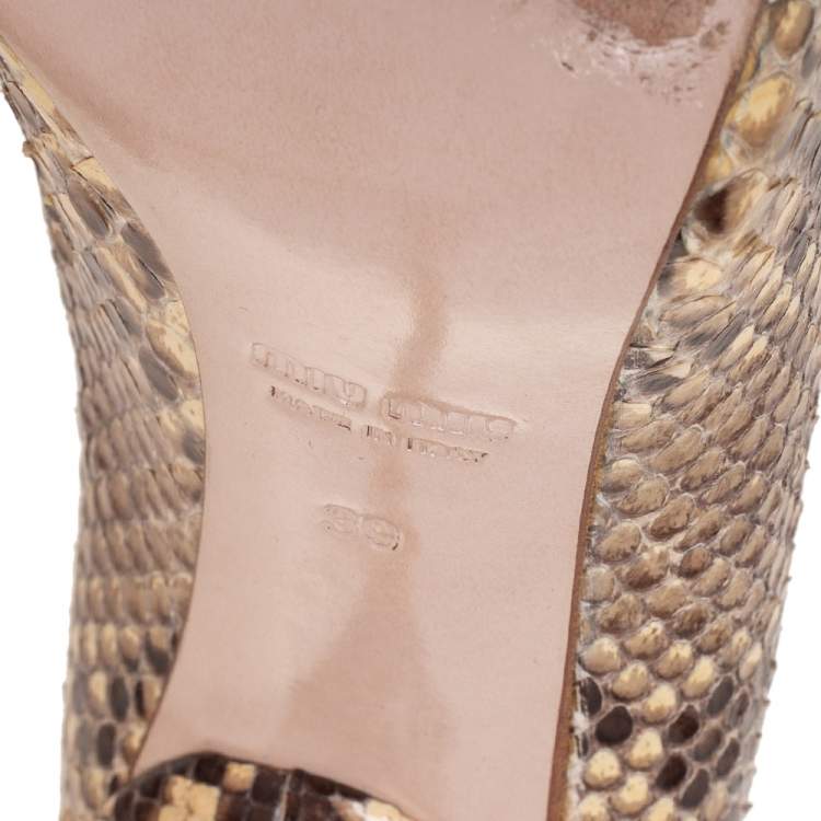 Pre Owned Miu Miu Beige/Brown Python Leather Open-Toe Pumps Size 39