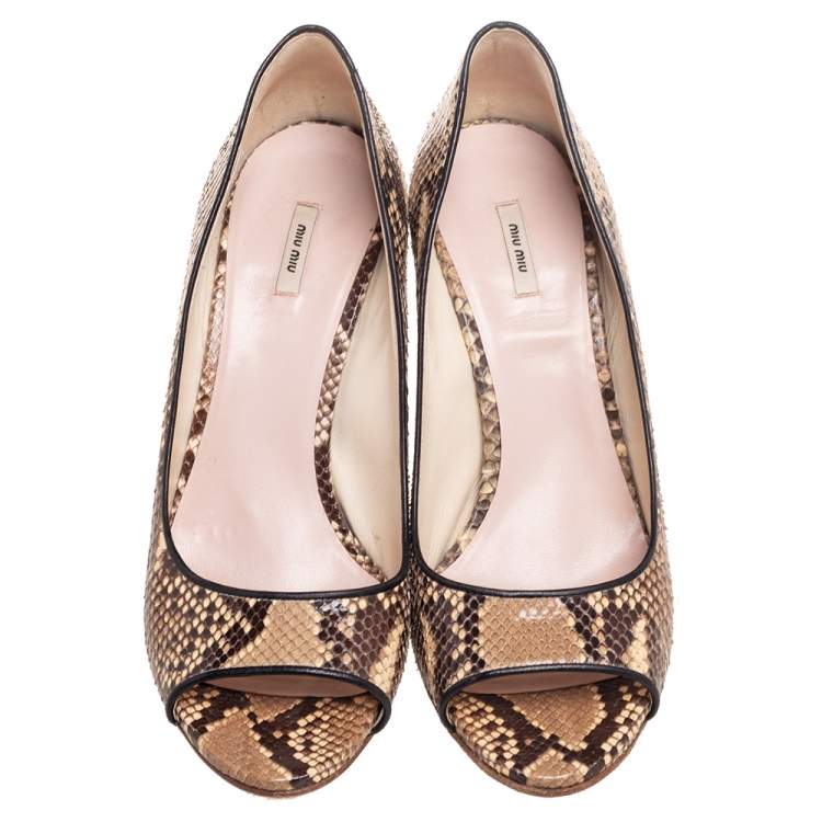 Pre Owned Miu Miu Beige/Brown Python Leather Open-Toe Pumps Size 39