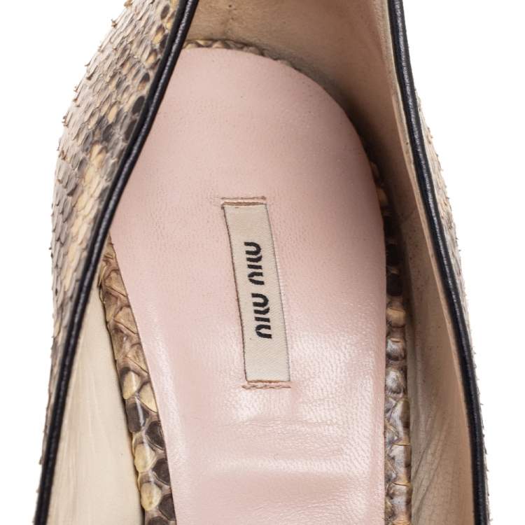 Pre Owned Miu Miu Beige/Brown Python Leather Open-Toe Pumps Size 39