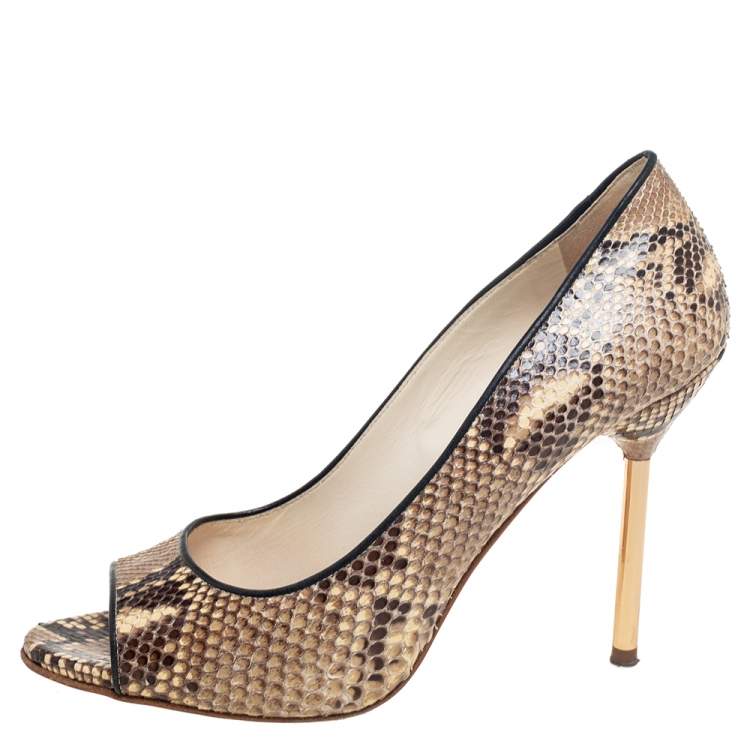 Pre Owned Miu Miu Beige/Brown Python Leather Open-Toe Pumps Size 39