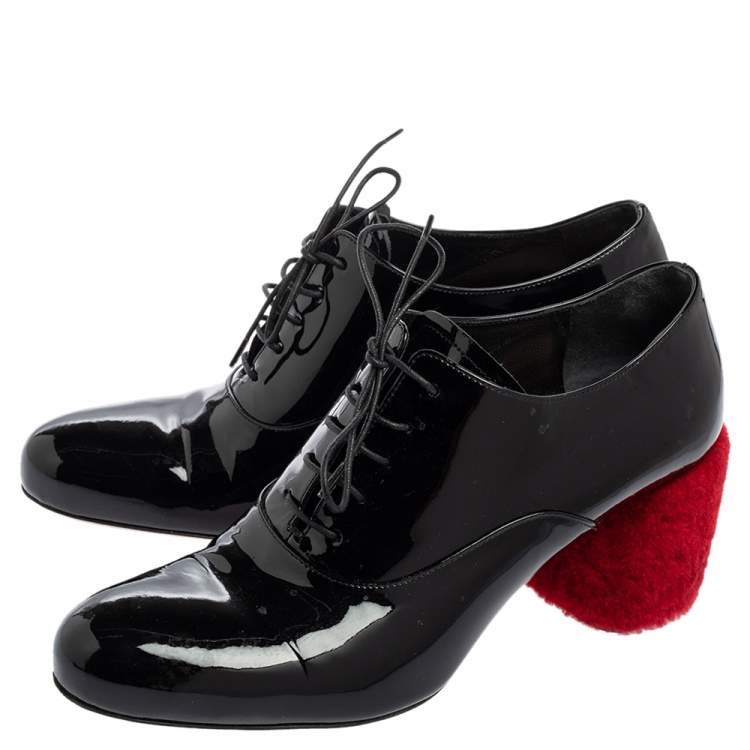 Pre Owned Miu Miu Black Patent Leather Shearling Heel Lace-Up Oxfords Size 38