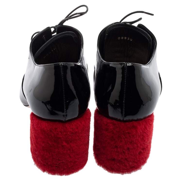 Pre Owned Miu Miu Black Patent Leather Shearling Heel Lace-Up Oxfords Size 38