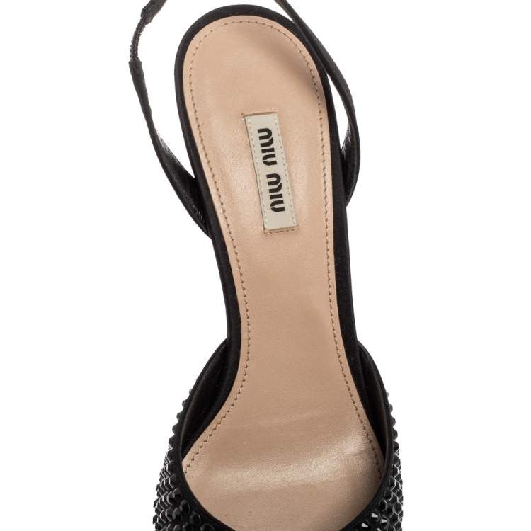 Pre Owned Miu Miu Black Studded Satin Bow Slingback Pumps Size 39.5