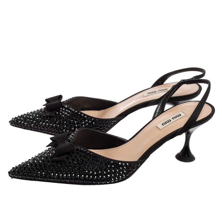 Pre Owned Miu Miu Black Studded Satin Bow Slingback Pumps Size 39.5
