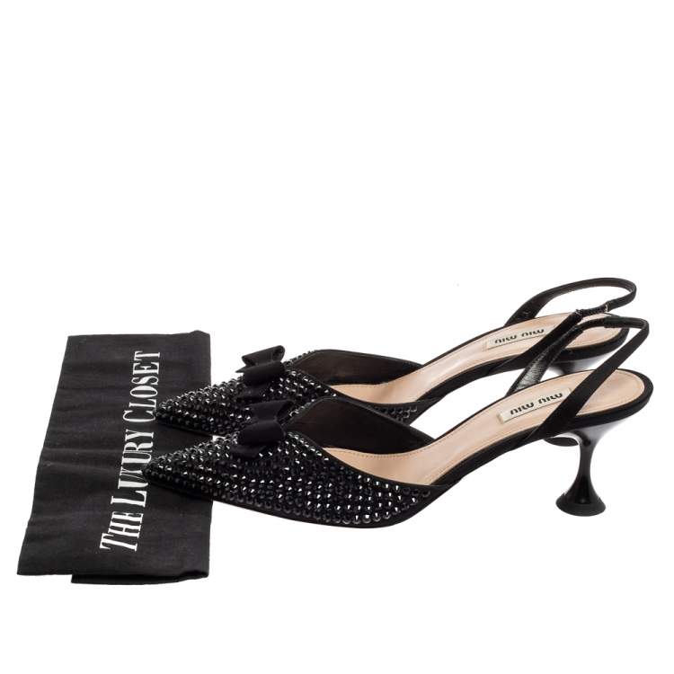Pre Owned Miu Miu Black Studded Satin Bow Slingback Pumps Size 39.5