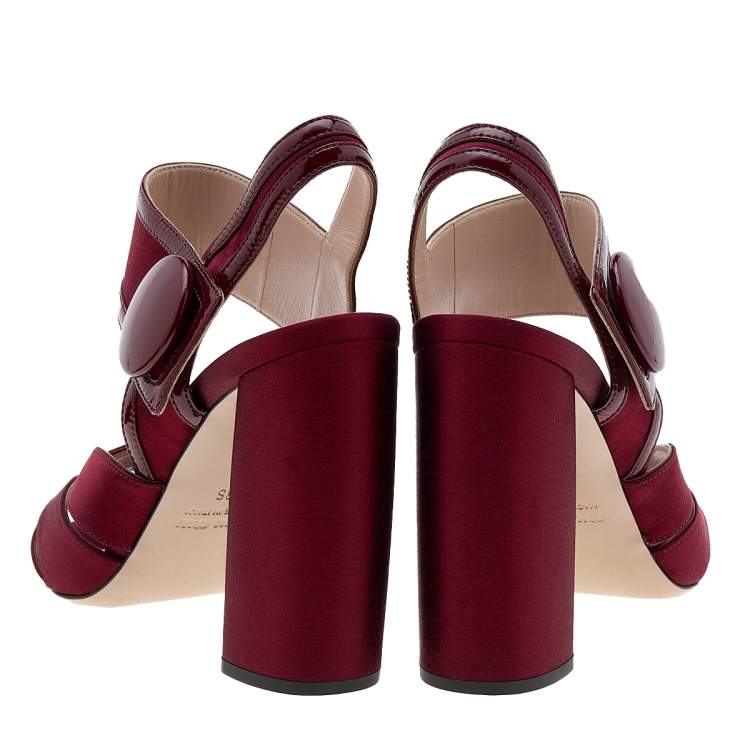 Pre Owned Miu Miu Burgundy Satin and Patent Leather Ankle Strap Sandals Size 36