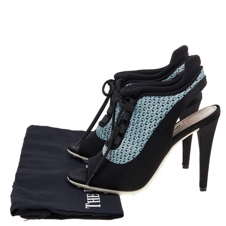 مملوكة مسبقًا Miu Miu Black/Blue Satin and Mesh Open Toe Slingback Sandals Size 36
