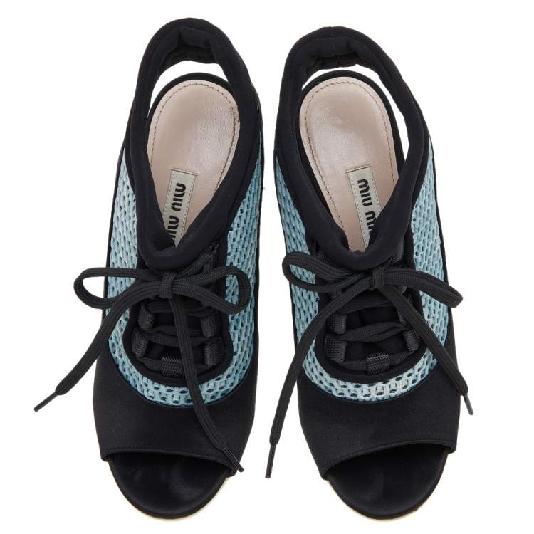مملوكة مسبقًا Miu Miu Black/Blue Satin and Mesh Open Toe Slingback Sandals Size 36