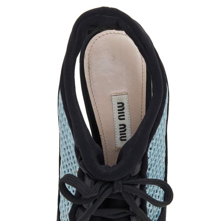 مملوكة مسبقًا Miu Miu Black/Blue Satin and Mesh Open Toe Slingback Sandals Size 36