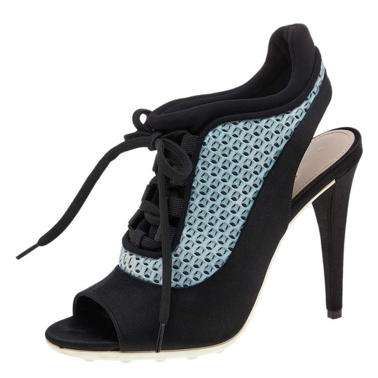 مملوكة مسبقًا Miu Miu Black/Blue Satin and Mesh Open Toe Slingback Sandals Size 36