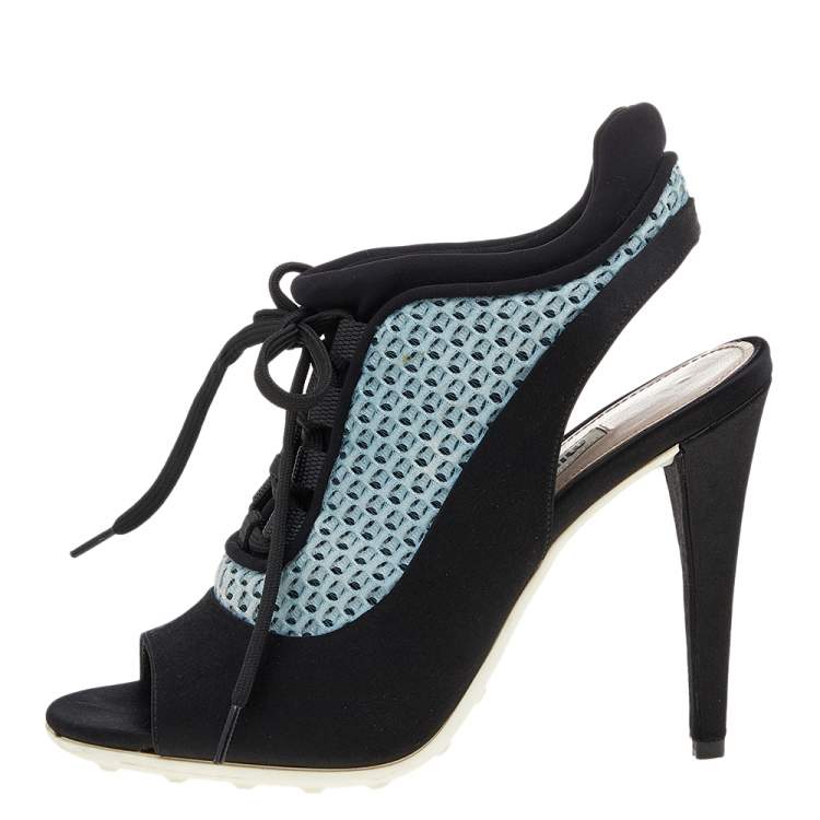 مملوكة مسبقًا Miu Miu Black/Blue Satin and Mesh Open Toe Slingback Sandals Size 36