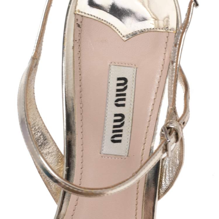 Pre Owned Miu Miu Metallic Gold Glitter And Leather Crystal Embellished Ankle Strap Sandals Size 39