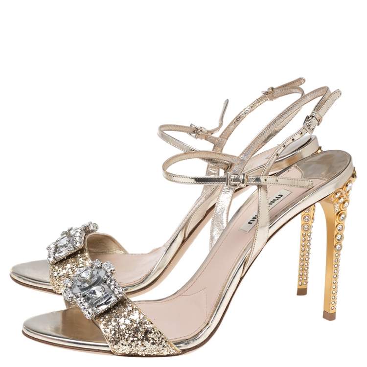 Pre Owned Miu Miu Metallic Gold Glitter And Leather Crystal Embellished Ankle Strap Sandals Size 39