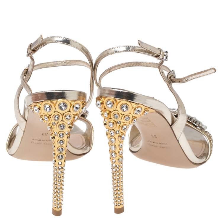 Pre Owned Miu Miu Metallic Gold Glitter And Leather Crystal Embellished Ankle Strap Sandals Size 39