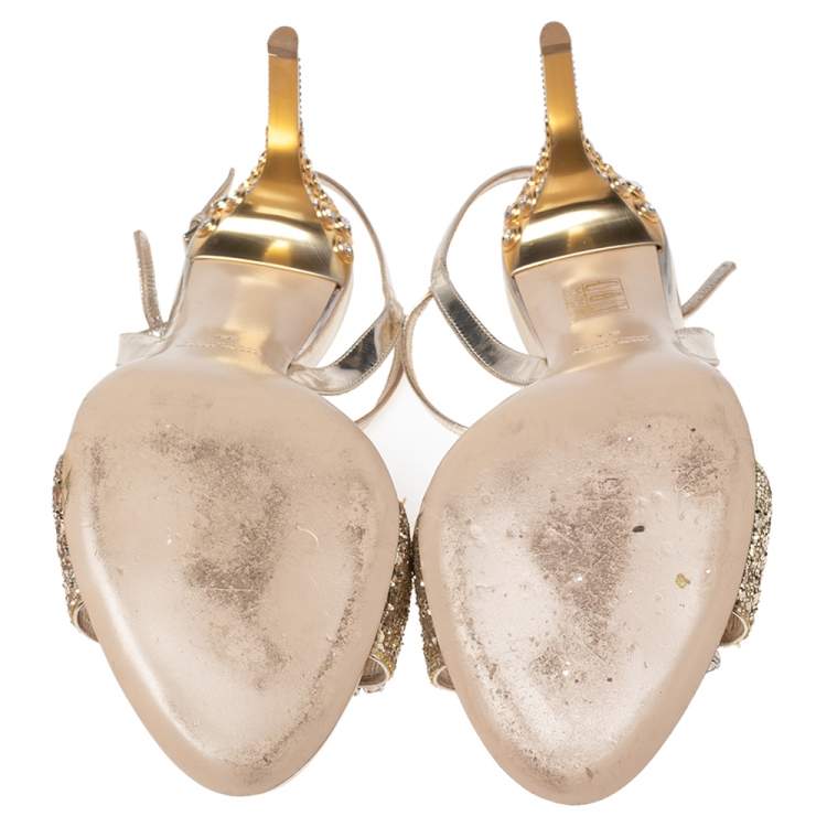 Pre Owned Miu Miu Metallic Gold Glitter And Leather Crystal Embellished Ankle Strap Sandals Size 39