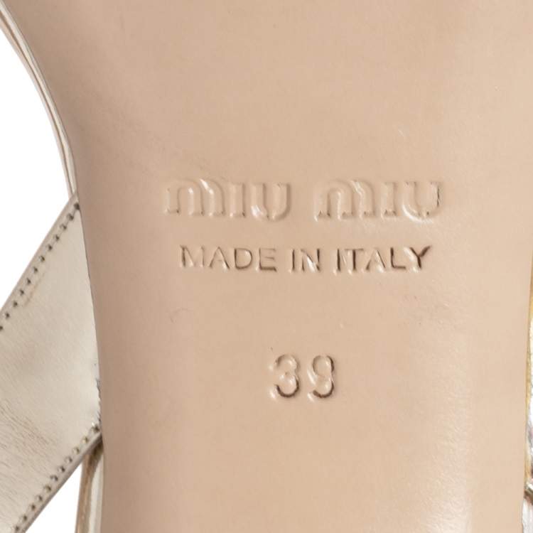 Pre Owned Miu Miu Metallic Gold Glitter And Leather Crystal Embellished Ankle Strap Sandals Size 39