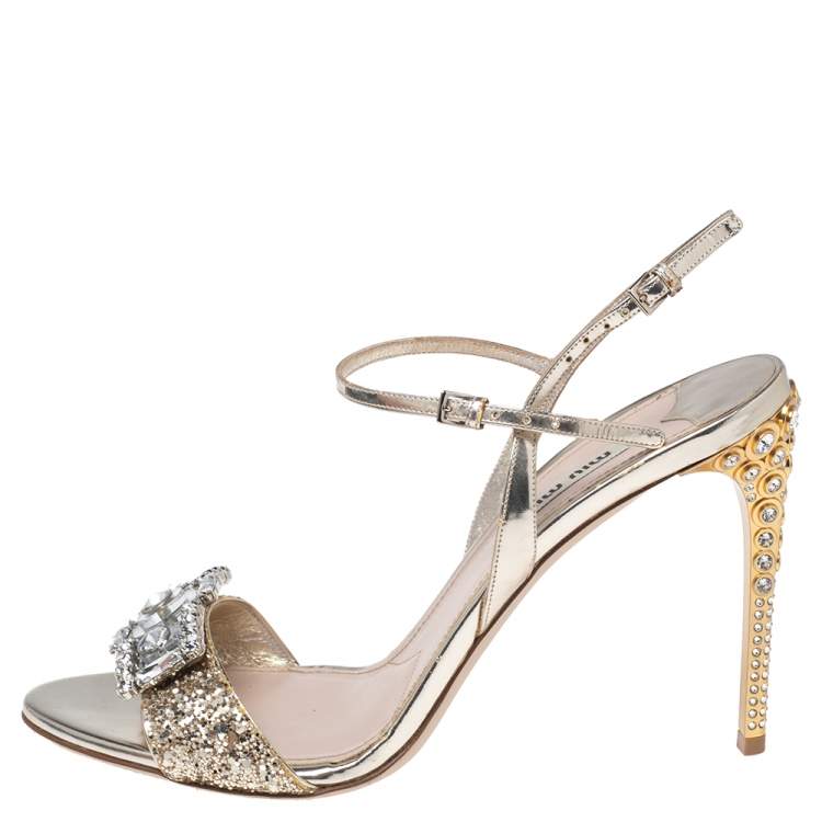 Pre Owned Miu Miu Metallic Gold Glitter And Leather Crystal Embellished Ankle Strap Sandals Size 39