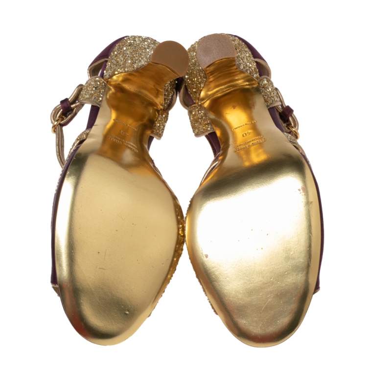 مملوكة مسبقًا Miu Miu Gold/Purple  Satin  And Glitter Crystal Embellished T Strap Sandals Size 40