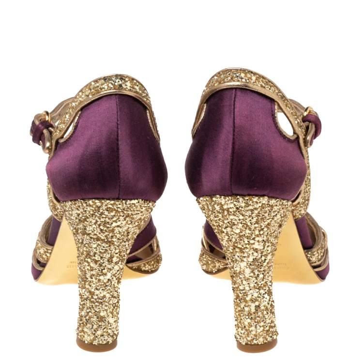 مملوكة مسبقًا Miu Miu Gold/Purple  Satin  And Glitter Crystal Embellished T Strap Sandals Size 40