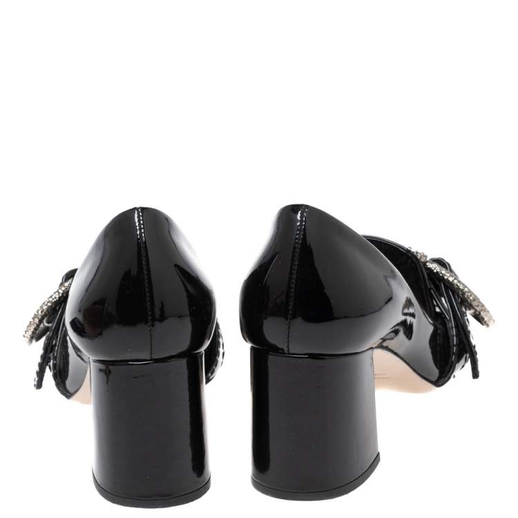 Pre Owned Miu Miu Black Patent Leather Crystal Embellished Buckle Loafer Pumps Size 37