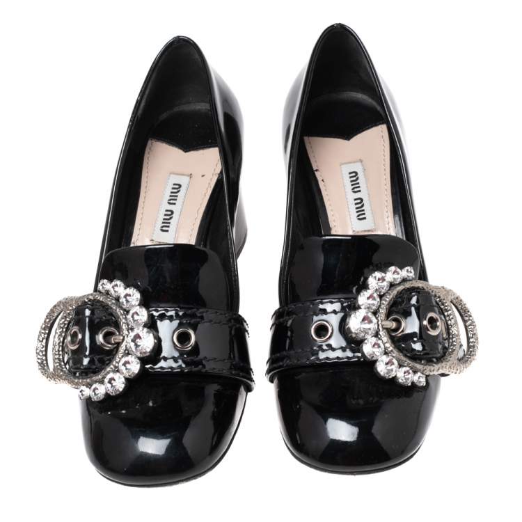 Pre Owned Miu Miu Black Patent Leather Crystal Embellished Buckle Loafer Pumps Size 37
