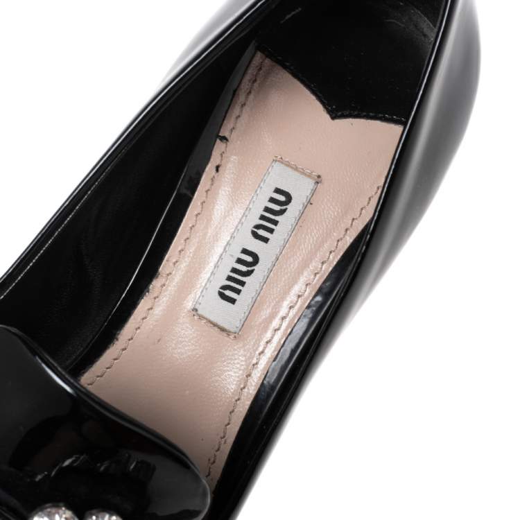 Pre Owned Miu Miu Black Patent Leather Crystal Embellished Buckle Loafer Pumps Size 37