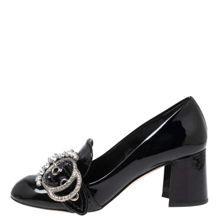 Pre Owned Miu Miu Black Patent Leather Crystal Embellished Buckle Loafer Pumps Size 37