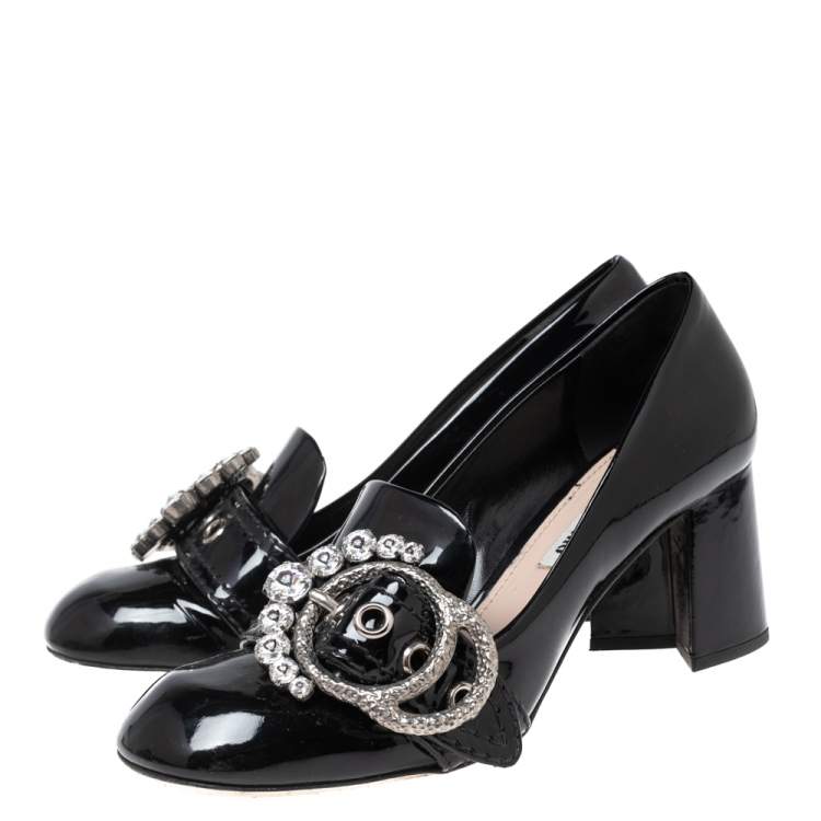 Pre Owned Miu Miu Black Patent Leather Crystal Embellished Buckle Loafer Pumps Size 37
