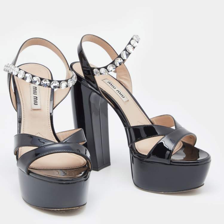 Pre Owned Miu Miu Black Patent Leather Crystal Embellished Platform Ankle Strap Sandals Size 37