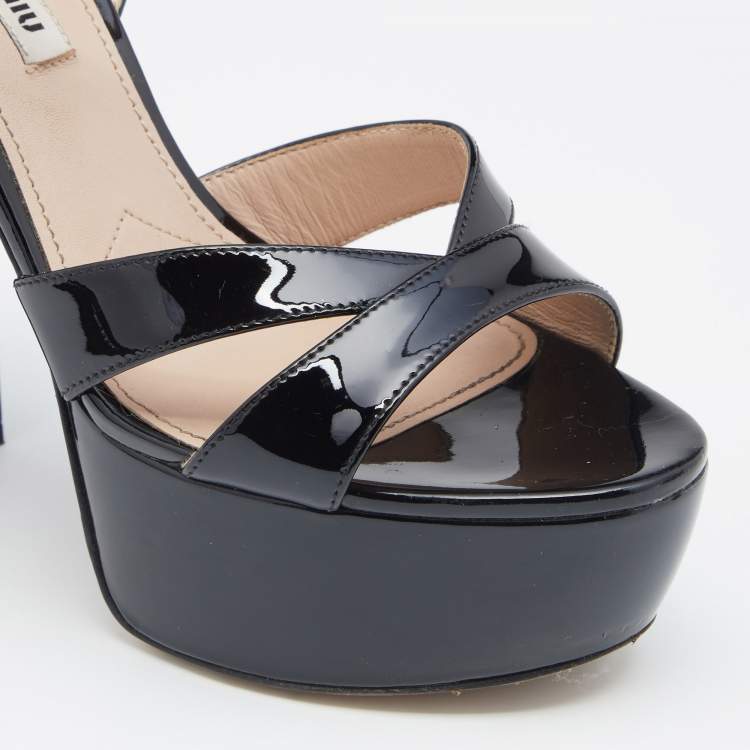 Pre Owned Miu Miu Black Patent Leather Crystal Embellished Platform Ankle Strap Sandals Size 37