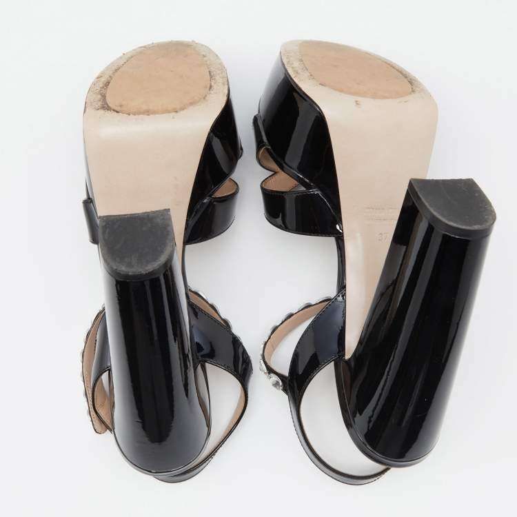 Pre Owned Miu Miu Black Patent Leather Crystal Embellished Platform Ankle Strap Sandals Size 37