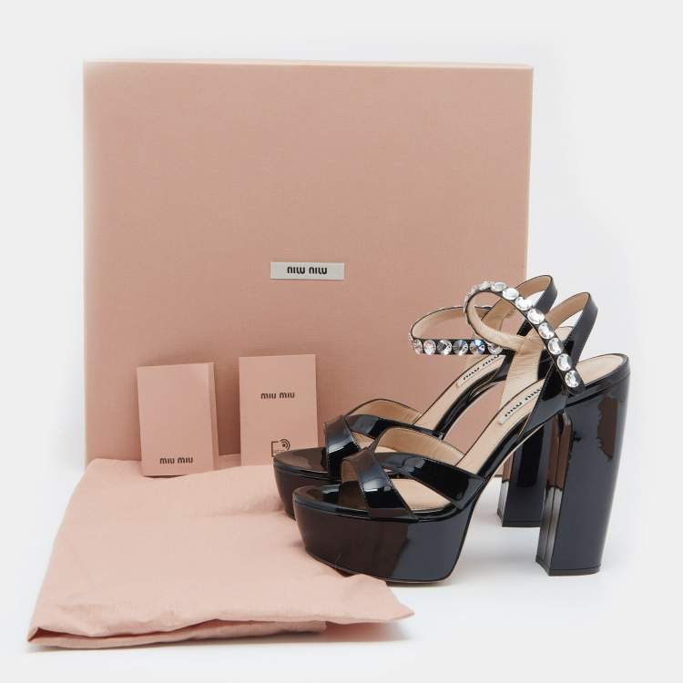Pre Owned Miu Miu Black Patent Leather Crystal Embellished Platform Ankle Strap Sandals Size 37