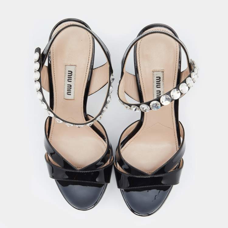 Pre Owned Miu Miu Black Patent Leather Crystal Embellished Platform Ankle Strap Sandals Size 37