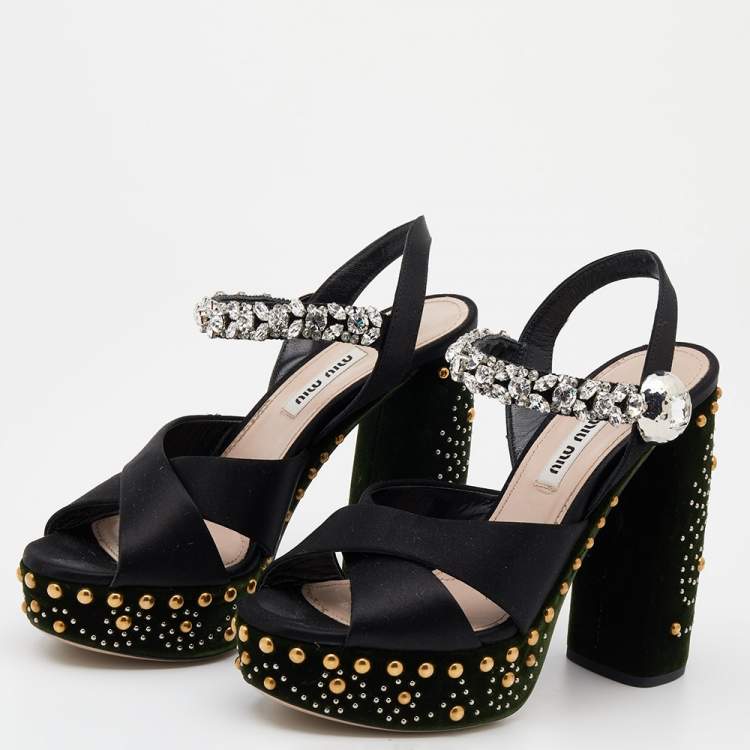 Pre Owned Miu Miu Black Satin Crystal Embellished Criss Cross Platform Ankle Strap Sandals Size 36