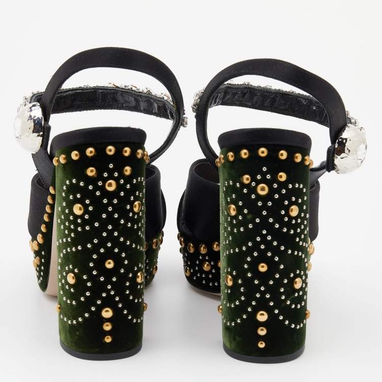 Pre Owned Miu Miu Black Satin Crystal Embellished Criss Cross Platform Ankle Strap Sandals Size 36