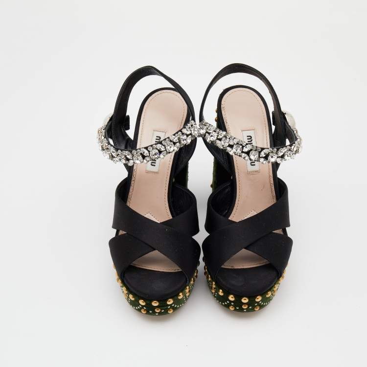Pre Owned Miu Miu Black Satin Crystal Embellished Criss Cross Platform Ankle Strap Sandals Size 36