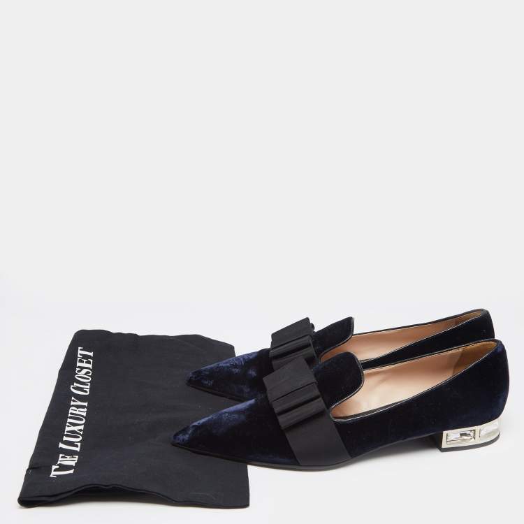 Pre Owned Miu Miu Navy Blue Velvet Bow Pointed Toe Loafers Size 40