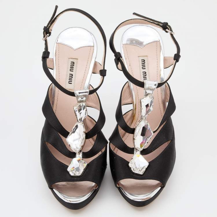 Pre Owned Miu Miu Black Satin Crystal Embellished Platform Ankle Strap Sandals Size 39.5