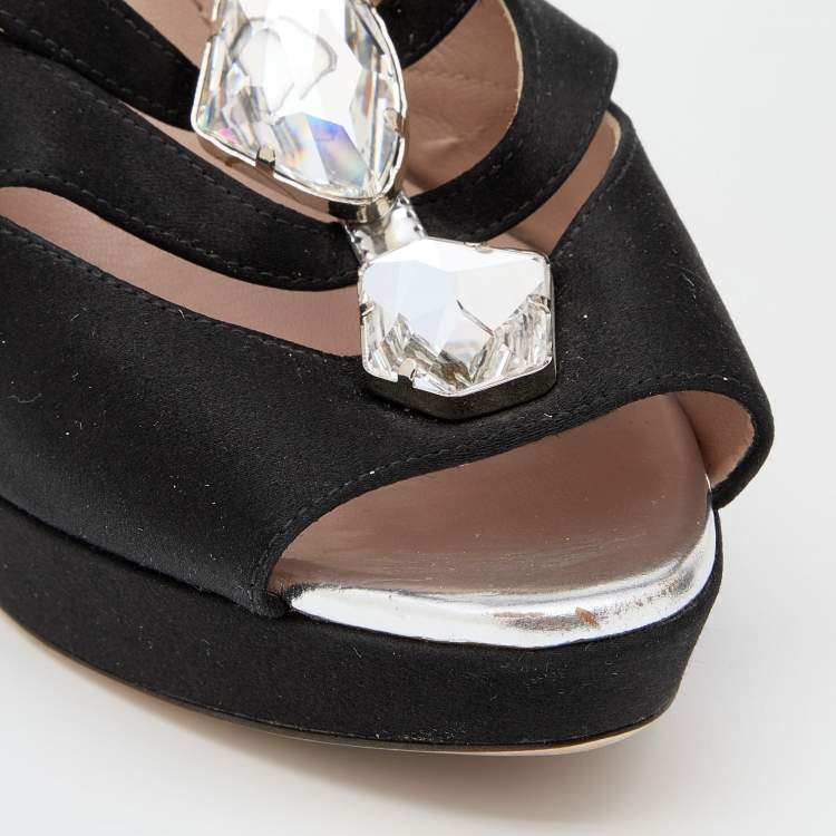 Pre Owned Miu Miu Black Satin Crystal Embellished Platform Ankle Strap Sandals Size 39.5