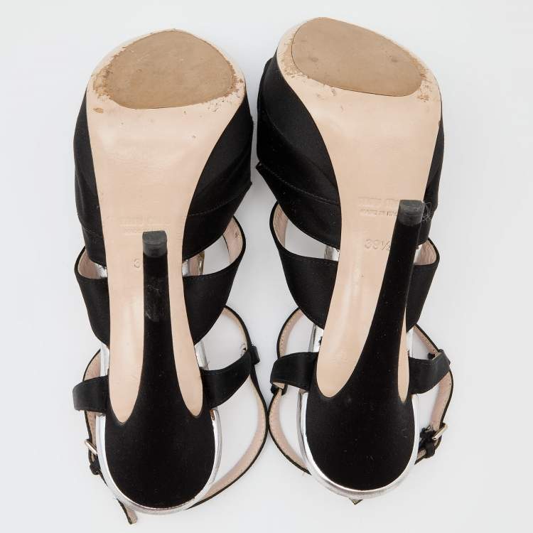 Pre Owned Miu Miu Black Satin Crystal Embellished Platform Ankle Strap Sandals Size 39.5
