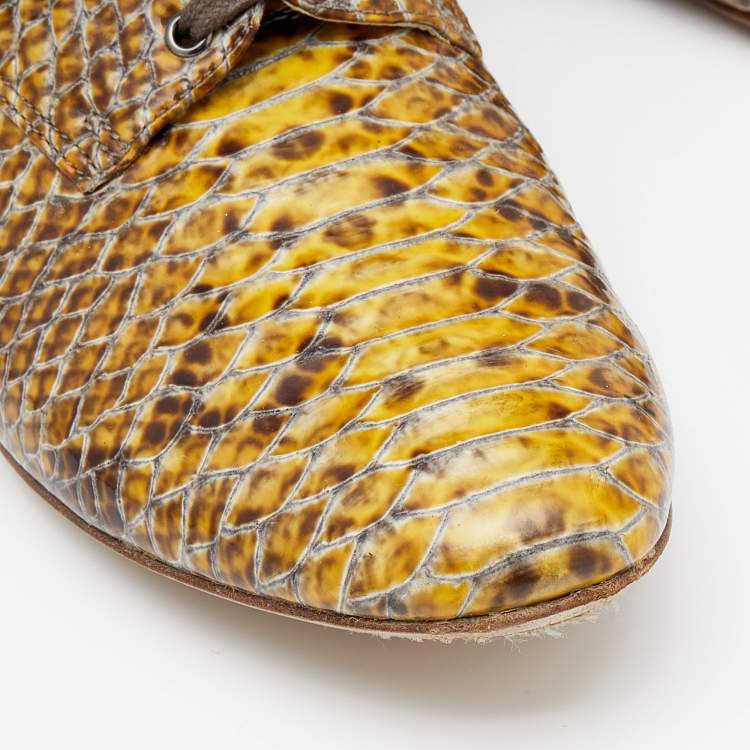 Pre Owned Miu Miu Yellow/Brown Snakeskin Embossed Patent Leather Derby Size 39