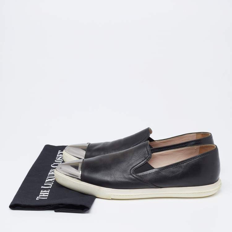 Pre Owned Miu Miu Black Leather Metal Cap-Toe Slip-On Sneakers Size 41