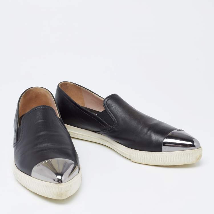 Pre Owned Miu Miu Black Leather Metal Cap-Toe Slip-On Sneakers Size 41