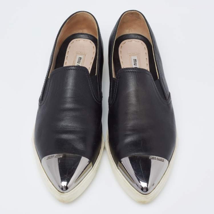 Pre Owned Miu Miu Black Leather Metal Cap-Toe Slip-On Sneakers Size 41